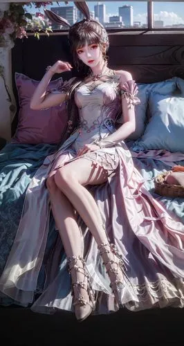 woman on bed,four poster,daybed,rem in arabian nights,phryne,cheongsam