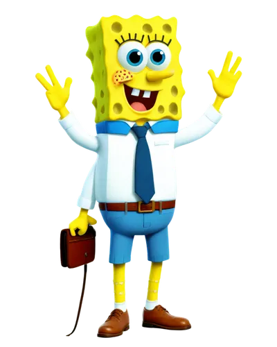 SpongeBob SquarePants, yellow skin, porous texture, bright blue eyes, enthusiastic facial expression, iconic square pants, white shirt with blue collar, brown belt, optimistic pose, standing on tiptoe