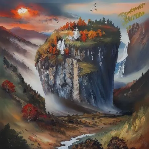 fantasy landscape,falls of the cliff,bridal veil fall,wasserfall,mountain scene,autumn mountains,mountain landscape,autumn landscape,world digital painting,fall landscape,fantasy picture,mountainous landscape,khokhloma painting,mushroom landscape,brown waterfall,tower fall,ash falls,waterfall,mountain settlement,mountain spring,Illustration,Paper based,Paper Based 04