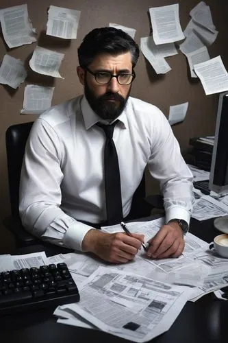 Architectural flaws, database crisis, IT expert, mature man, (35yo), glasses, short black hair, beard, white shirt, black tie, formal trousers, sitting, desk, papers scattered, coffee cup, keyboard, m