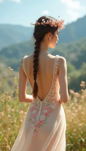 girl in a long dress from the back,girl in a long dress,dirndl,celtic woman,meadow,country dress