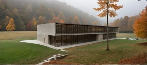 an artist's impression of a modern, architecturally designed building in the middle of the woods,zumthor,eisenman,koolhaas,docomomo,hejduk,corbusier