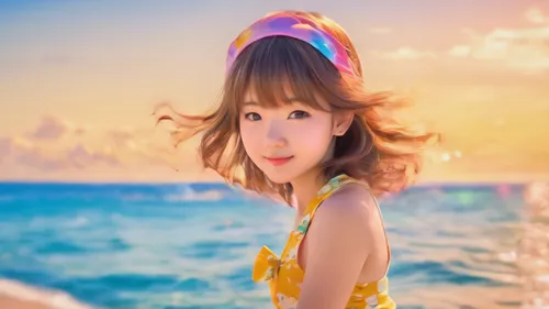 pile,candy island girl,maimi fl,beach background,japanese idol,yellow sun hat,anime 3d,high sun hat,kawaii girl,sun hat,portrait background,melody,photographic background,girl wearing hat,colorful background,rainbow background,image editing,background colorful,edit icon,womans seaside hat,Illustration,Japanese style,Japanese Style 01