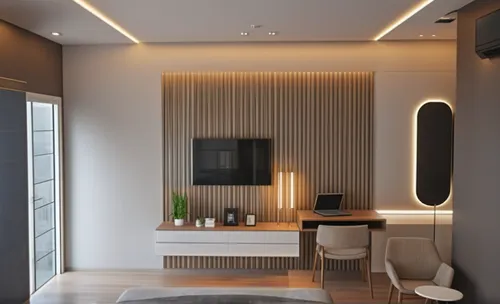 MODERN MINIMALISTIC CONTEMPORARY INTERIOR THREE STAR SUITE ROOM.REALISTIC INDIRECT WARM LIGHTING.TV UNIT.TV BACK WHITE FLUTED DESIGN,modern minimalist bathroom,modern room,interior modern design,moder