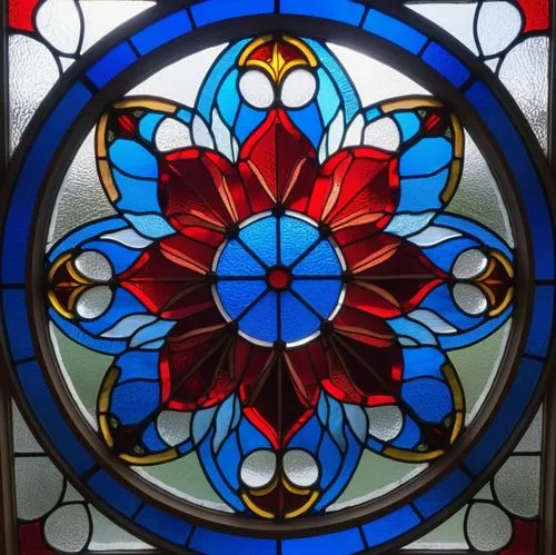 stained glass window with blue and red tones, rosette,the colorful flower is designed for a stain glass window,stained glass,stained glass window,stained glass pattern,stained glass windows,church win