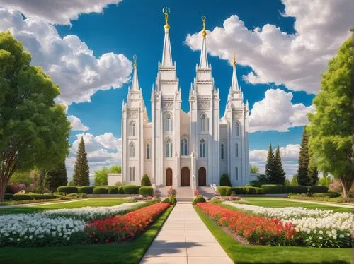 LDS temple, Utah style, white stone walls, intricate carvings, grand entrance, tall spires, stained glass windows, symmetrical facade, well-manicured lawn, blooming flowers, sunny day, blue sky, fluff