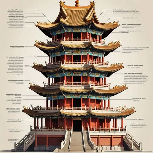 A detailed crosssection of the ancient Chinese tower, showcasing its construction techniques and design elements in color pencil style with realistic shadows, include labels for each level to highligh