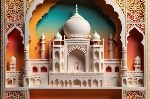 Ancient Indian architecture, Taj Mahal-inspired, intricately carved white marble, ornate domes, minarets, arches, Islamic patterns, vibrant colored tiles, grand entrance gate, symmetrical composition,