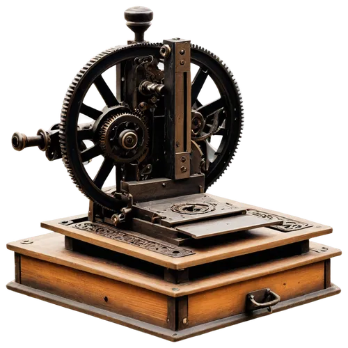 Old-fashioned printing press, metal body, intricate gears, wooden handle, ink-stained platform, vintage design, ornate details, worn-out surface, morning light, soft focus, shallow depth of field, war