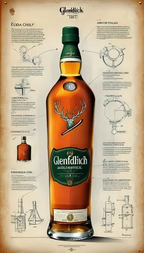 an industrial design sketch of a beautiful Glenfiddich 1937 ancient bottle, movie poster advertising (construction plan) modern style with some advertising notices,  frozen effect, movie poster  award