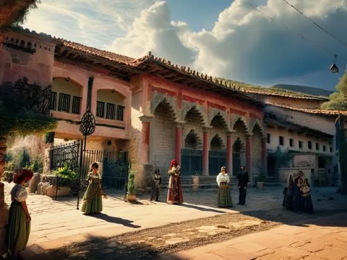 Scene: Catalina de los Rios Catalina de los Ríos y Lisperguer (La Quintrala) from Chile, beautiful, standing facing forward, wearing period clothing, with a wrought iron gate in the background of a ha