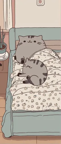 Construct an adorable gif of Pusheen napping on a cozy bed with a contented expression.,cat in bed,bed,domestic cat,sleeping cat,cat resting,napping,egyptian mau,duvet cover,cat bed,spots,bedding,futo