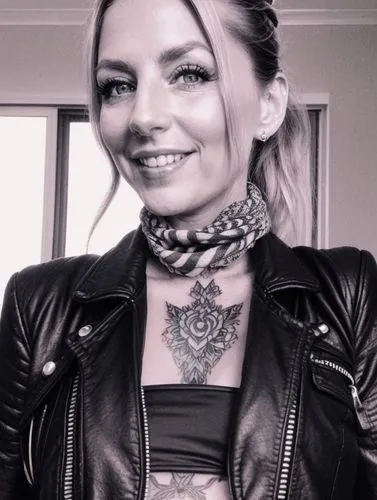 leather jacket,saxon,tattoo girl,leather,toni,killer smile,wallis day,harley,punk,bandana,greta oto,black leather,catrina,with tattoo,bindi,grin,ammo,collared,melissa,catrina calavera