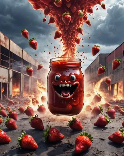 Attack of the Mutant strawberry jam Ghosts emerged out from the factory with the volcanic style Explosion, scattered Ghost of jams everywhere from the factory, workers chased and fleed by the evil mut