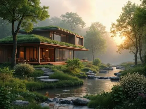 home landscape,house by the water,summer cottage,house in the forest,idyllic,beautiful home,house with lake,forest house,house in mountains,landscape background,house in the mountains,streamside,landscaped,river landscape,cottage,the cabin in the mountains,nature landscape,green landscape,world digital painting,dreamhouse,Photography,General,Realistic