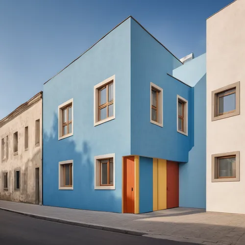 Street, pedestrian, sky blue and off-white exterior wall, Bauhaus style, <lora:UIAXD2.0:0.6> <lora:add_detail:0.6>,prefabricated buildings,colorful facade,cubic house,facade painting,townhouses,athens