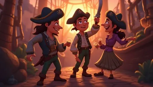 funny pirates makien fun,party, dancing,drinking for kids, cartoon stule in Cinematic Tones, with a focus on storytelling and emotional depth, using warm, earthy shades of bronze and purple to evoke a