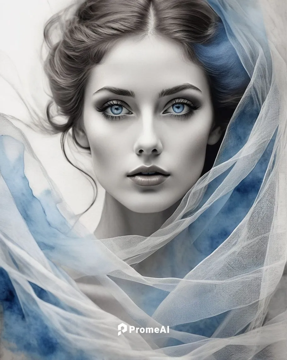 (image in black and white pastel tone), blue eyes,beautiful retro watercolor vintage woman, art nouveau, tulle in one eye, brown hair, light skin, half body  stunning body , extreme quality, an artist