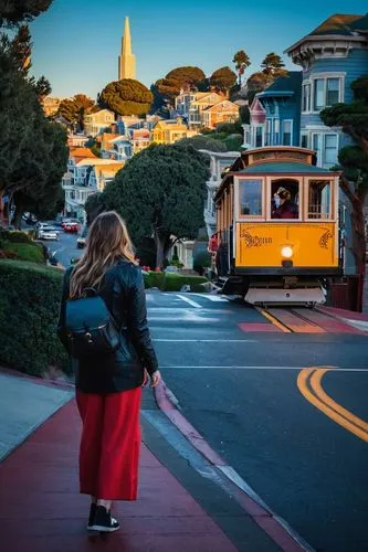 San Francisco architecture walking tour, daytime, sunny, clear blue sky, iconic buildings, ornate details, columns, arches, Victorian homes, Painted Ladies, steep hills, scenic views, cityscape, fog r