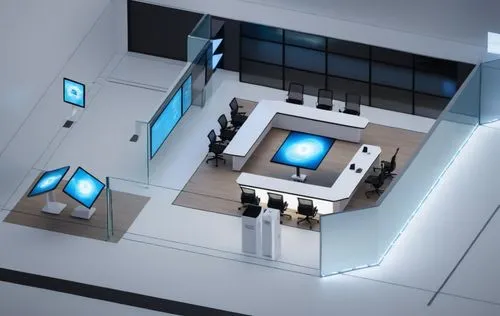 Create a futuristic innovation center with large digital screens displaying AI visuals. The space features sleek, modern design with LED lights, glass walls, and minimalist furniture. Holograms and to