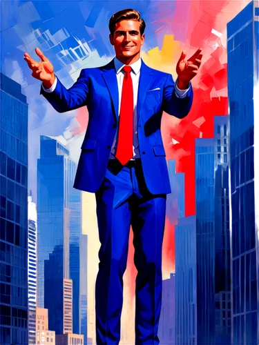 Persuasive cartoon character, male, blue suit, white shirt, red tie, confident smile, raised eyebrow, gestures with hands, standing, city skyscraper background, dramatic lighting, cinematic compositio