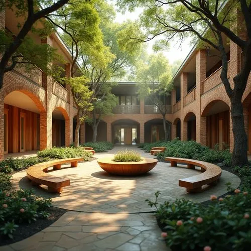 Organic architecture, middle school, earthy tone, brick material, curved lines, natural textures, warm ambient lighting, lush greenery surroundings, trees with sprawling branches, outdoor courtyard, c