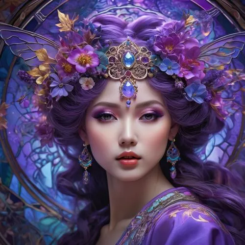 oriental princess,fantasy art,fantasy portrait,faery,faerie,fairy queen,fantasy picture,mystical portrait of a girl,the enchantress,fairie,adornment,lilac blossom,faires,violaceous,fantasy woman,oriental girl,purple rose,flower fairy,purple lilac,violette,Photography,General,Fantasy