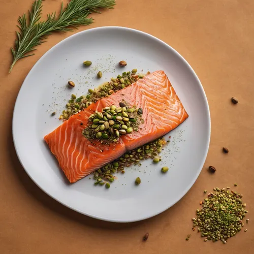 A slice of salmon with pistachio seasoning on a plate,salmon fillet,arctic char,sockeye salmon,salmon,wild salmon,food photography,smoked salmon,mediterranean diet,fjord trout,omega3,salmon-like fish,