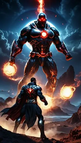 Two muscular afghan superheroes, one with glowing red eyes, of a lifelike form, both wearing dark god-level cosmic armor. They glow in the dim light of a cosmic moon, their bodies made of atoms and li