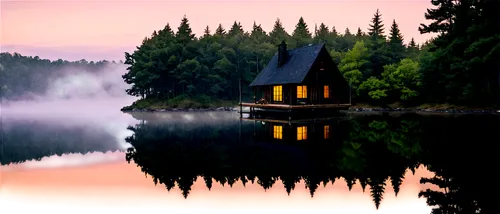 Secluded cabin, lakefront, wooden structure, A-frame roof, chimney, smoking pipe, surrounded by trees, reflections in calm water, misty morning atmosphere, soft golden lighting, panoramic view, 3/4 co