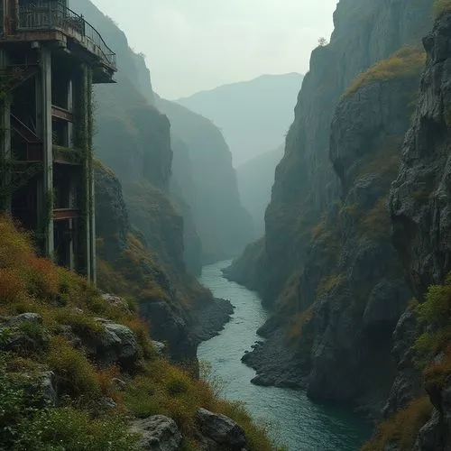 Canyon Deconstructivism style, futuristic, abstract, rugged landscape, rocky cliffs, deep chasm, winding river, eerie fog, misty atmosphere, twisted metal beams, crumbling concrete structures, overgro