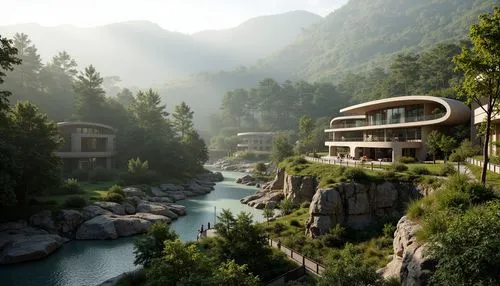 fallingwater,amanresorts,house in the mountains,house in mountains,rivendell,wudang,tigers nest,luxury property,shangri,hushan,luxury hotel,futuristic landscape,mountain settlement,building valley,tree house hotel,asian architecture,taroko,futuristic architecture,house by the water,shaoming