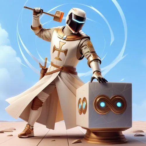 referencia personaje,a stylized illustration of a knight with a spear and sword,kemet,asimo,bangalter,jarba,automator,automaton,Unique,3D,3D Character