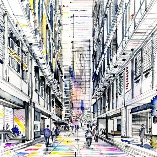 watercolor,an artistic rendering of some buildings on the side of a street,yodobashi,ikebukuro,shinjuku,akihabara,akiba,dobashi,Design Sketch,Design Sketch,None