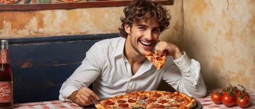 Dante, young adult, male, Italian, casual wear, white shirt, dark blue jeans, sneakers, messy brown hair, bright smile, holding slice of pizza, taking a big bite, cheese stretching, tomato sauce on li