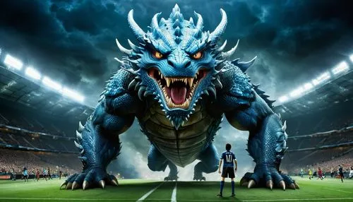 The giant soccer player prepares to face off against the funny  blue dragon with blue eyes its scales shimmering in the dark night. The dragon's eyes are fixed on the throne,  as the soccer player lau