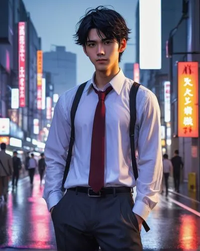 anime boy, young adult, blushing face, bright red cheeks, messy black hair, sharp eyes, slender eyebrows, subtle smile, white shirt, open collar, grey tie, black trousers, black shoes, standing, city 