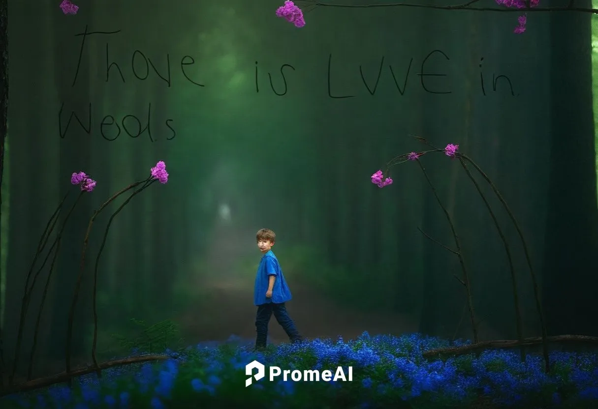 A boy in the middle of the woods, the trees have blue and pink flowers on them,Thare is Love in the Woods,motzfeldt,forest of dreams,hertzfeldt,fairy forest,the forest,ballerina in the woods,Photograp