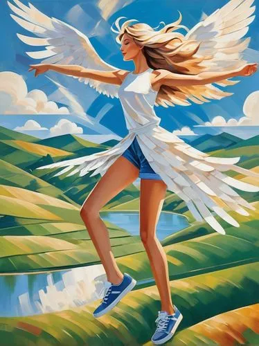 flying girl,little girl in wind,free running,female runner,leap for joy,dove of peace,angel wing,gracefulness,angel wings,flying bird,holy spirit,montgolfiade,angel girl,flying heart,flying seed,believe can fly,cross wind,fairies aloft,flying dandelions,leaping,Art,Artistic Painting,Artistic Painting 45