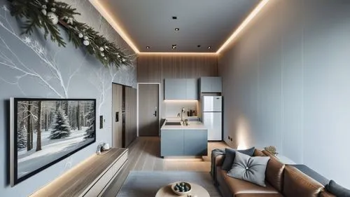 This photo features the living room and small kitchen of a hotel suite located in Puli, Taiwan. 
The design integrates elements of winter, Switzerland, and the tranquil atmosphere of the mountains, 
e