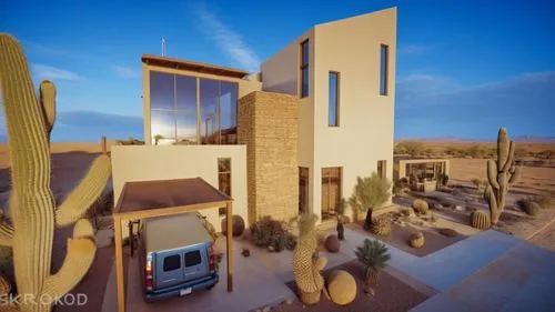 make the picture look mor realistic and make it at night with lights outside the house the house is in the desert so the landscape should be in the desert do it exactly like the reference image,a comp