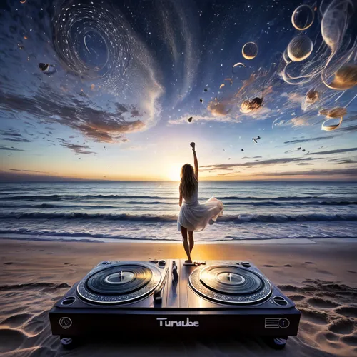 turntables on table, people dancing on beach,turntable,thorens,vinyl player,sundown audio,audiophile,trance,soundwaves,retro turntable,music system,music player,cooktop,music,record player,amplificati