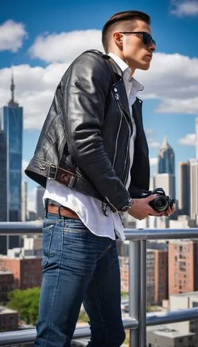 male photographer, 30s, casual outfit, jeans, white shirt, black leather jacket, Nikon camera, tripod, urban landscape, skyscraper, modern architecture, cityscape, daytime, sunny, blue sky, few clouds