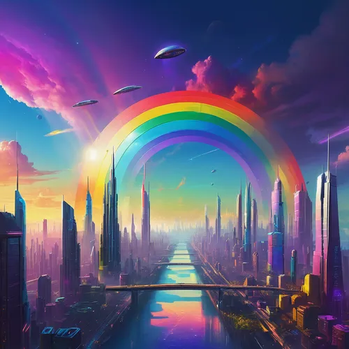 rainbow bridge,rainbow background,futuristic landscape,prism,fantasy city,prism ball,spectrum,colorful city,rainbow pencil background,rainbow colors,raimbow,rainbow,light spectrum,fantasy world,fantasy picture,3d fantasy,colors rainbow,world digital painting,rainbow and stars,rainbow world map,Conceptual Art,Sci-Fi,Sci-Fi 12