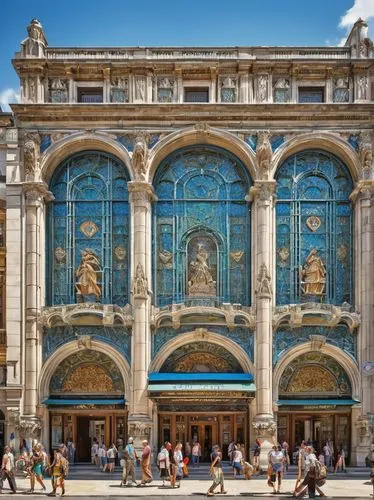 CAC architecture, modern building, grandeur, intricate stone carvings, ornate metalwork, stained glass windows, majestic columns, symmetrical façade, tourists, walking, camera, backpack, summer, sunny