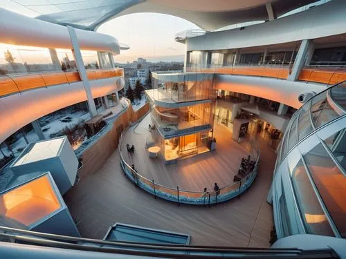 REMODELACION DE UNA PLAZA COMERCIAL, CON ARQUITECTURA NOVEDOSA,a building that has an outside balcony and stairs,futuristic art museum,spaceship interior,yacht exterior,seabourn,blavatnik,cruise ship,