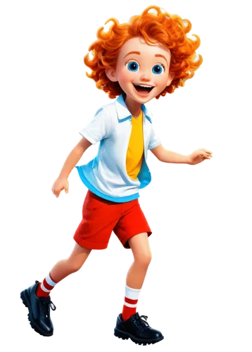 Colorful cartoon character, free resources, digital illustration, joyful facial expression, bright blue eyes, curly orange hair, yellow shirt with white collar, red shorts, white socks, black shoes, p