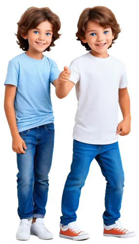 Animated cartoon character, speech bubble, young boy, messy brown hair, bright blue eyes, smiling face, casual wear, white shirt, blue jeans, sneakers, energetic pose, hand on hip, leaning forward, dy