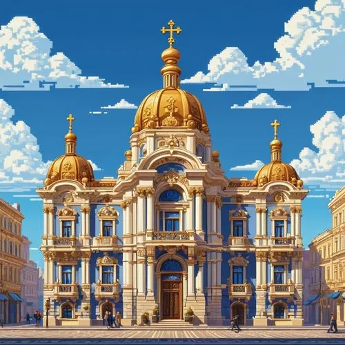 Odessa architecture, Baroque style, ornate building facade, grand entrance, intricate stone carvings, golden domes, Orthodox crosses, symmetrical composition, vibrant blue sky, few white clouds, warm 