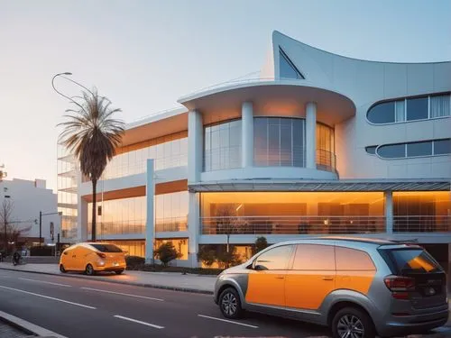 REMODELACION DE UNA PLAZA COMERCIAL, CON ARQUITECTURA NOVEDOSA,an apartment building is shown with cars parked outside it,seidler,medibank,car showroom,fresnaye,phototherapeutics,takapuna,Photography,